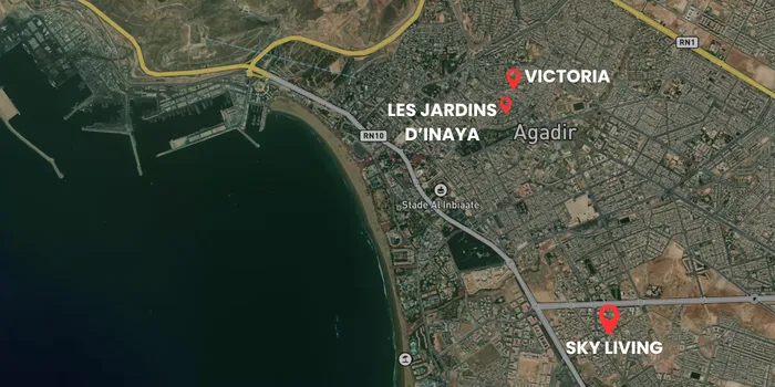 Carte d’Agadir situant les résidences Victoria, Inaya et Sky Living